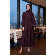 Sefa Merve Yarım Düğmeli Beli Lastikli Elbise 0276-02 Mürdüm