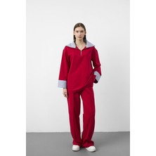 Basic Park Kırmızı Kontrast Dokuma Yaka Pamuklu Oversize Relax Takım