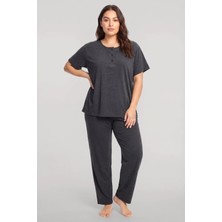 Akbeniz Büyük Beden Düğmeli Kısa Kollu Pijama Takımı Antrasit