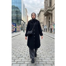 Sefa Merve Kapüşonlu Düğmeli Kaşe Kap 0201-05 Siyah