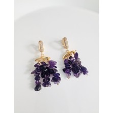 Devi Fashion Devilux Ametist Doğal Taş Altın Kaplama Küpe 6 cm