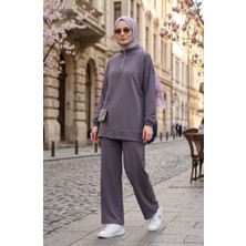 Sefa Merve Oysho Kumaş Taşlı Fermuarlı Tunik Pantolon Ikili Takım 0282-04 Gri