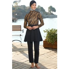 Sefa Merve Siyah-Gold Zebra Desenli Etekli Boneli Tesettür Mayo 25938-01 Siyah