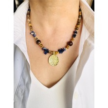 Devi Fashion Kaplan Gözü ve Lapis Doğal Taş Madalyon Kolye 45 cm