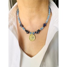 Devi Fashion Akik ve Lapis Doğal Taş Madalyon Kolye 45 cm