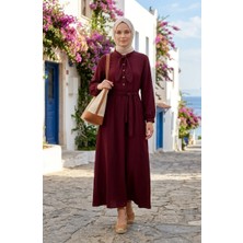 Sefa Merve Fular Yakalı Yarım Düğmeli Kuşaklı Elbise 2262-03 Bordo