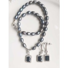 Devi Fashion Gerçek Inci Mavi Kolye Küpe Seti