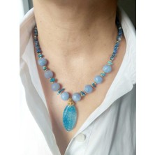 Devi Fashion Mavi Kristal Kuvars Doğal Taş Tasarım Kolye