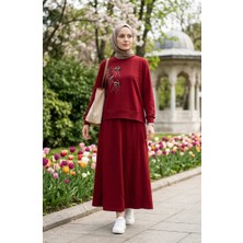 Sefa Merve Çiçek Nakışlı Taşlı Ikili Takım 0255-04 Bordo