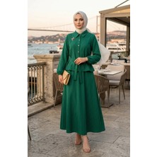 Sefa Merve Çizgili Broşlu Kuşaklı Ikili Takım 0280-03 Zümrüt Yeşili