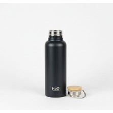 HBMB Store Bambu Kapaklı Siyah Çelik Termos Matara - 750 ml Sızdırmaz Kilitli Mug - Doğal Ahşap Detaylı ve Soğuk Tutan Ofis Termosu