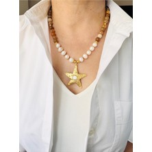 Devi Fashion Gerçek Inci ve Akik Doğal Taş Yıldız Kolye 52 cm