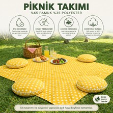 Zeren Home Keten Sıvı Geçirmez Puantiyeli Piknik Seti 4 Minderli Piknik Masa Örtüsü Bahçe Kamp Piknik Takımı