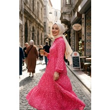 Sefa Merve Beli Bağcıklı Puantiyeli Kat Kat Elbise 0283-02 Pembe