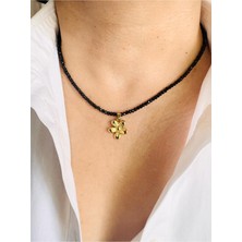 Devi Fashion Çelik Papatya Uçlu Siyah Kolye 45 cm