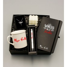 As Gift Öğretmenler Gününe Özel World Best Teacher Tasarımlı Kişiye Özel Siyah Defter & Beyaz Kupa & Melek Kolye & Beyaz Roller Kalem & Bubble Mum Hediye Seti