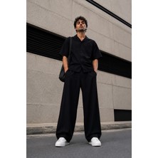 We&me Oversize Erkek Pantolon Siyah Geniş Paça Lastikli Bel Bağcıklı Rahat Kalıp Salaş Street Style Pantolon