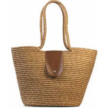 Tandi Bags Penzi Kapaklı Handmade Hasır Tote Çanta Vizon