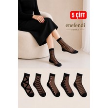 NF ND ENEFENDİ 5’li Kadın Tül Çorap ✦ Desenli Siyah Ten Şeffaf Soket Likralı ✦ 36-40