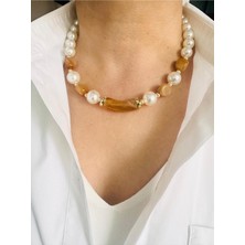 Devi Fashion Turuncu Boncuklu Inci Kolye 45 cm