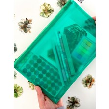 Kağıt Gemi Dükkan Yeşil Yarı Şeffaf Orta Boy Çift Bölme Fermuarlı Organizer Dosya Çantası (29*19CM)/TOPARLAYICI