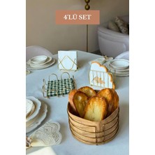 Edora Home 4’lü Set Parlak Altın Kare Peçetelik Üçgen Peçetelik Kafes Peçetelik Yuvarlak Ekmek Sepeti Mutfak Seti