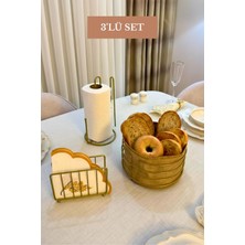 Edora Home 3’lü Set Mat Gold Kafes Peçetelik Dik Kağıt Havluluk Ayraçlı Yuvarlak Ekmek Sepeti Mutfak Seti