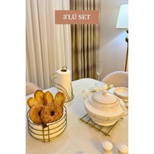 Edora Home 3’lü Set Mat Gold Kuğu Peçetelik Nihale Yuvarlak Ekmek Sepeti Mutfak Seti