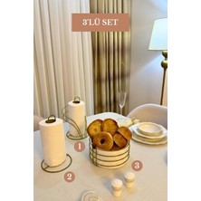 Edora Home 3’lü Set Mat Gold Kuğu Peçetelik Dik Kağıt Havluluk Yuvarlak Ekmek Sepeti Mutfak Seti