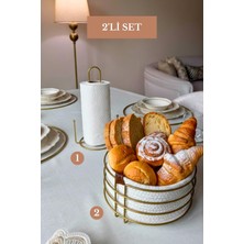 Edora Home 2’li Set Mat Gold Dik Kağıt Havluluk Misketli Yuvarlak Ekmek Sepeti Mutfak Seti
