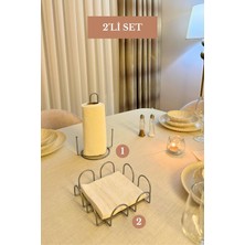 Edora Home 2’li Set Mat Gümüş Kare Peçetelik Dik Kağıt Havluluk Misketli Mutfak Seti