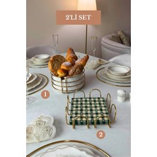 Edora Home 2’li Set Parlak Altın Kare Peçetelik Yuvarlak Ekmek Sepeti Mutfak Seti