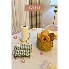 Edora Home 3’lü Set Mat Gold Kare Peçetelik Dik Kağıt Havluluk Misketli Yuvarlak Ekmek Sepeti Mutfak Seti