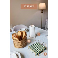 Edora Home 3’lü Set Parlak Altın Kare Peçetelik Dik Kağıt Havluluk Yuvarlak Ekmek Sepeti Mutfak Seti