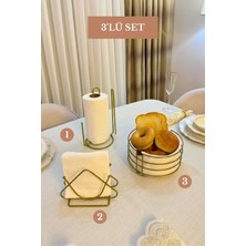 Edora Home 3’lü Set Mat Gold Üçgen Peçetelik Dik Kağıt Havluluk Ayraçlı Yuvarlak Ekmek Sepeti Mutfak Seti