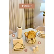 Edora Home 3’lü Set Mat Gold Üçgen Peçetelik Dik Kağıt Havluluk Yuvarlak Ekmek Sepeti Mutfak Seti