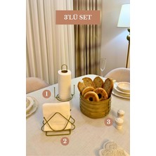 Edora Home 3’lü Set Mat Gold Üçgen Peçetelik Dik Kağıt Havluluk Misketli Yuvarlak Ekmek Sepeti Mutfak Seti