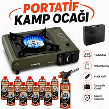 Badem10 Taşınabilir Portatif Kamp Ocağı Tekli Tek Gözlü Yeşil 10'lu Gaz Kartuşlu Çantalı Ocak Gezi Piknik