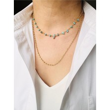 Devi Fashion Ikili Mavi Taşlı14 Ayar Altın Kaplama Kolye 40 cm