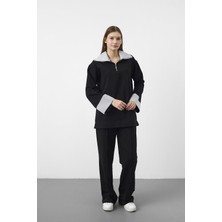 Basic Park Siyah Kontrast Dokuma Yaka Pamuklu Oversize Relax Takım