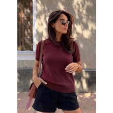 Hanope Bisiklet Yaka Likralı Kısa Kollu Bordo Bluz