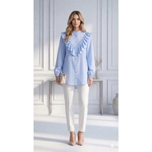 Trendparis Şık ve Feminen Fırfır Detaylı Çizgili Bluz