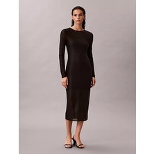 Calvin Klein Kadın Ck Logolu Yuvarlak Yakalı Midi Boy Dantel Siyah Elbise LV047E229G-UB1