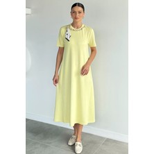 Gülseli Kadın T-Shirt Elbise P-00021662 Fular Aksesuarlı Günlük Stil Sarı Renkli Regular Silüet