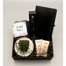 As Gift Siyah Defter & Desenli Haki Fincan & Siyah Roller Kalem & Mehmet Efendi Türk Kahvesi Hediye Seti