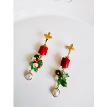 Devi Fashion Gerçek Incili Mercan Doğal Taş Salkım Küpe 7 cm