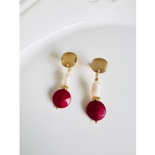 Devi Fashion Gerçek Inci ve Fuşya Doğal Taş Küpe 5 cm