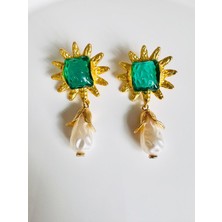 Devi Fashion Yeşil Vintage Güneş Incili Küpe 7 cm