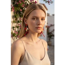 Xuping Jewelry Gosessa Kadın Kırmızı Mercan Dalı Figürlü Inci ve Gold Deniz Kabuğu Detaylı Sallantılı Küpe