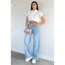 Gülseli Kadın Yıkamalı Yüksek Bel Casual Geniş Paça Palazzo Jean Kot Pantolon P-00021648